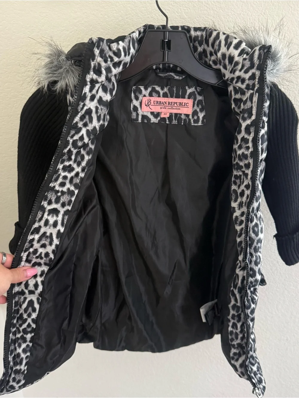 Y2K Urban Republic girls animal print puffer coat jacket faux fur hood size 3T